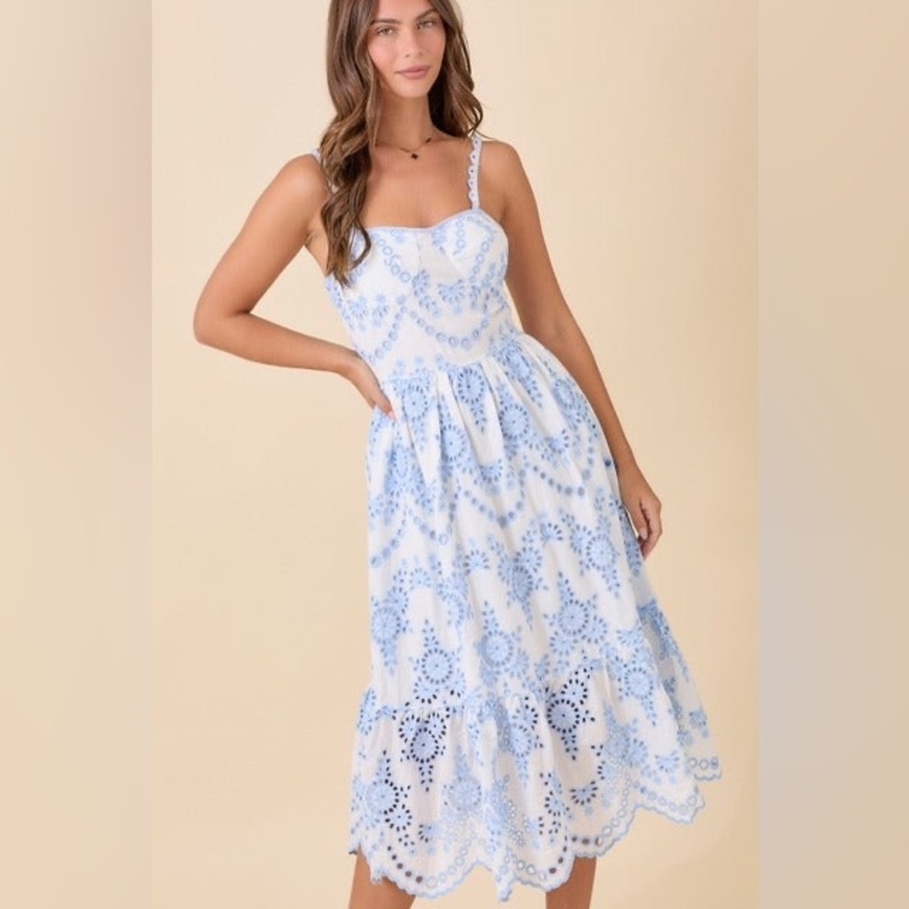 Eyelet Tiered Midi Dress with Scallop Hem - Main Strip - Picture 4 of 7